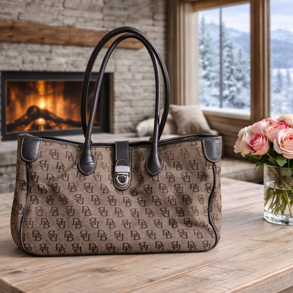 Dooney Bourke Vintage Monogram Black and Grey Tote Bag with Leather Trim.
